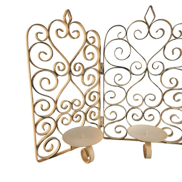 Scrolled Metal 3-Panel Folding Candelabra Screen Cream Distressed Finish - Picture 11 of 13